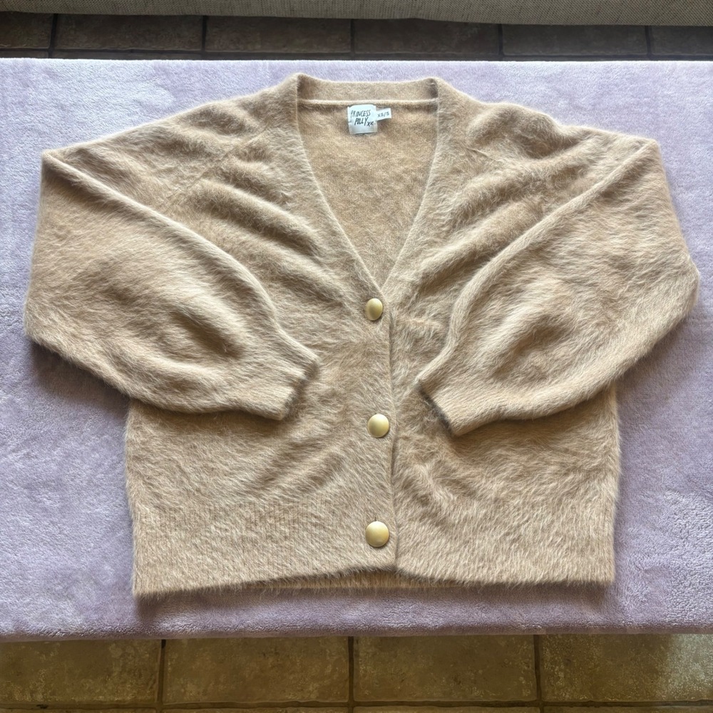 Princess Polly Fuzzy Wool Blend Cardigan Tan Beige Gold Button Sweater XS/S